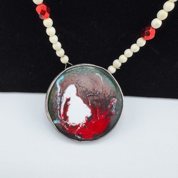 Vintage Handmade Enamel Sterling Silver Artisan Mother of Pearl Bead Necklace - Picture 10 of 14